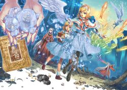  3girls ahoge alice_margatroid alice_margatroid_(pc-98) angel_wings bird blonde_hair blue_eyes book capelet chinese_commentary clam coin commentary_request conch cross-laced_footwear detached_wings disintegration dual_persona fish frills gold grey_hair grimoire_of_alice hairband hands holding ice lion_head_(ornament) lolicon long_hair long_skirt long_sleeves mask momijigari multiple_girls open_mouth photo_(object) photoshop_(medium) sash seashell shards shell shinki_(touhou) short_hair short_sleeves skirt smile touhou touhou_(pc-98) very_long_fingernails very_long_hair wide_sleeves wings 