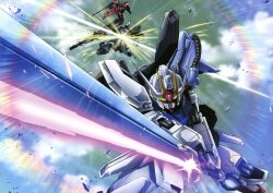  aegis_gundam artist_request ginn gun gundam gundam_seed highres mecha no_humans official_art robot shield strike_gundam sword sword_strike_gundam weapon 