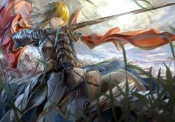  adapted_costume ahoge archlich armor armored_dress artoria_pendragon_(fate) blonde_hair breastplate caliburn_(fate) cloud cloudy_sky commentary_request fate/stay_night fate_(series) faulds female flag gauntlets grass green_eyes hair_ribbon photoshop_(medium) planted planted_sword polearm ribbon saber_(fate) serious shield short_hair signature sky solo sword war weapon 