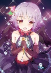  bare_shoulders belt brown_eyes chains cleavage_cutout clothing_cutout collar commentary_request cuffs elbow_gloves female glitter gloves grey_hair hair_ornament heart heart_cutout holding idolmaster idolmaster_cinderella_girls koshimizu_sachiko leash microphone midriff narumi_(uminari) navel open_mouth purple_hair short_hair skirt solo sparkle wings yellow_eyes 