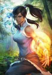  avatar_legends bare_shoulders blue_eyes brown_hair commentary dark-skinned_female dark_skin element_bending english_commentary eyelashes female fingernails fire hair_tubes korra lips long_hair photoshop_(medium) ponytail revision signature solo stanley_lau the_legend_of_korra topknot tree vambraces water 