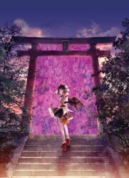  black_hair cloud energy_barrier expressionless female geta hand_fan hat highres kneehighs looking_at_viewer looking_back miyuki_ruria pointy_ears red_eyes shameimaru_aya short_hair skirt sky socks solo stairs standing stone_lantern sunset tengu-geta tokin_hat torii touhou tree white_socks wings 