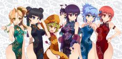  6+girls :d arm_garter armband arms_behind_back arms_up bare_shoulders black_hair blue_eyes blue_hair blush bracelet braid breasts brown_eyes bun_cover china_dress chinese_clothes commentary_request curvy double_bun dress earrings elbow_gloves fangs feathers finger_to_mouth gloves gradient_hair green_eyes green_hair hair_bun hair_ornament hand_on_own_hip hat highres jewelry kagaminomachi_no_kaguya kaguya_(kagami_no_machi_no_kaguya) kusanagi_tonbo large_breasts long_hair multicolored_hair multiple_braids multiple_girls nail_polish official_art open_mouth orizuru_(kagaminomachi_no_kaguya) otohime_(kagaminomachi_no_kaguya) pointy_ears ponytail purple_eyes purple_hair red_eyes red_hair saruwatari_akari short_hair side_ponytail smile symbol-shaped_pupils urikohime_(kagami_no_machi_no_kaguya) yukiha_(kagami_no_machi_no_kaguya) 