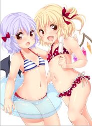  2girls :d bat_wings bikini blonde_hair blue_hair bow commentary_request flandre_scarlet food hair_ribbon hairbow holding innertube long_hair multiple_girls navel oerba_yun_fang open_mouth photoshop_(medium) polka_dot polka_dot_bikini polka_dot_swimsuit popsicle red_eyes remilia_scarlet ribbon short_hair siblings side_ponytail simple_background sisters smile striped_bikini striped_clothes swim_ring swimsuit touhou white_background wings yukiu_con 