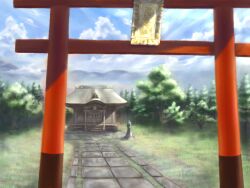  blue_sky blurry box cloud commentary day depth_of_field donation_box flower forest gensokyo grass hadi hakurei_shrine highres mountain mountainous_horizon nature no_humans outdoors path pavement road rope scenery shide shimenawa shrine sign sky stairs stone_lantern stone_walkway torii touhou 