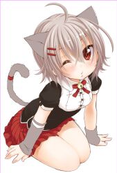  ahoge animal_ears arm_warmers bell blush cat_ears cat_tail commentary_request female grey_hair hair_ornament hairclip kneeling one_eye_closed original photoshop_(medium) red_eyes short_hair simple_background skirt solo tail white_background yukiu_con 