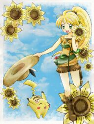  :d alternate_costume blonde_hair blue_sky boots chikorita85 chuchu_(pokemon) closed_eyes cloud collarbone commentary_request day dress female floral_background flower green_eyes hat highres holding holding_clothes holding_hat long_hair open_mouth pikachu poke_ball pokemon pokemon_(creature) pokemon_adventures ponytail running short_dress skirt sky smile standing standing_on_one_leg sunflower unworn_hat unworn_headwear waist_poke_ball yellow_(pokemon) yellow_skirt yellow_theme 