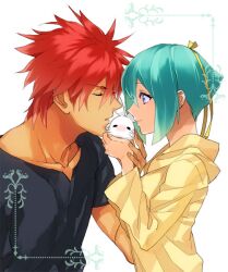  1boy aqua_hair aquarion_(series) aquarion_evol bad_id bad_pixiv_id blush closed_eyes couple female hair_ribbon kagura_demuri mogutanabe purple_eyes red_hair ribbon short_hair shush_(aquarion_evol) smile straight tank_top zessica_wong 