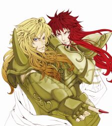  2boys alternate_hairstyle aquarius_camus armor blonde_hair commentary_request fingernails full_armor gold_armor gold_saint looking_at_viewer male_focus mild_salt multiple_boys nail_polish pointing red_hair saint_seiya sample_watermark scorpio_milo sharp_fingernails watermark 