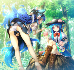  3girls :d :t ^_^ absurdly_long_hair ass barefoot basket behind_tree black_headwear blonde_hair blue_bow blue_hair blue_skirt blush boots bow bowtie bracelet check_translation chima_q closed_eyes commentary_request cross-laced_footwear crossed_legs drill_hair eating eyewear_on_head food forest fruit full_body hairbow hat hat_leaf highres hinanawi_tenshi holding holding_food holding_fruit jewelry kneepits leaning_forward long_hair looking_at_another mg_mg mini_hat mini_top_hat multiple_girls nature open_mouth outdoors panties pantyshot peach photoshop_(medium) pink_panties puffy_short_sleeves puffy_sleeves reaching red_bow red_bowtie red_eyes rock round_eyewear shirt short_sleeves sideways_mouth sitting skirt smile standing sunglasses tiptoes top_hat touhou translation_request tree twin_drills underwear very_long_hair when_you_see_it white_panties white_shirt yorigami_jo&#039;on yorigami_shion 