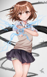  aiming aiming_at_viewer black_skirt brown_eyes brown_hair brown_sweater brown_sweater_vest brown_vest coin collared_shirt cowboy_shot electricity electrokinesis female flower hair_between_eyes hair_flower hair_ornament hand_up highres holding holding_coin incoming_attack legs_together lens_flare looking_at_viewer magnetism medium_hair metal metal_sand miniskirt misaka_mikoto no_emblem outstretched_arm pleated_skirt psychic pupy_exe railgun_(misaka_mikoto) school_uniform science_fiction shirt short_shorts short_sleeves shorts shorts_under_skirt skirt sleeveless sleeveless_sweater smile solo standing summer_uniform sweater sweater_vest toaru_kagaku_no_railgun toaru_majutsu_no_index tokiwadai_school_uniform vest white_background white_flower white_shirt 