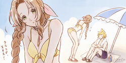  1boy aerith_gainsborough ancotsubu bare_arms bare_legs beach beach_towel bent_over bikini black_shorts blonde_hair bottle braid braided_ponytail breasts brown_hair choker cleavage cloud cloud_strife cloudy_sky female final_fantasy final_fantasy_vii final_fantasy_vii_remake full_body green_eyes hair_ribbon hands_on_own_knees highres leaning_forward long_hair male_swimwear medium_breasts midriff parted_bangs parted_lips ribbon sandals shorts sidelocks sitting sky sparkle spiked_hair swim_trunks swimsuit towel towel_around_neck umbrella upper_body water_bottle wavy_hair yellow_bikini 