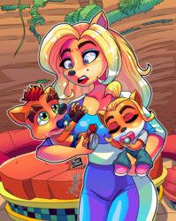  absurd_res activision anthro baby baby_coco baby_crash bandicoot breasts clothed clothing coco_bandicoot crash_(series) crash_bandicoot crash_team_racing_(series) crash_team_racing_nitro-fueled female group hi_res isabella_bandicoot magaska19 male mammal markings marsupial mole_(marking) pacifier race_queen young 