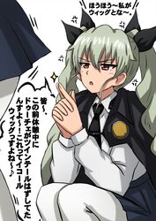  2girls anchovy_(girls_und_panzer) anger_vein angry anzio_school_uniform black_cape black_ribbon black_skirt cape commentary dress_shirt drill_hair frown girls_und_panzer glaring green_hair hair_ribbon highres kanchou long_hair long_sleeves looking_at_another miniskirt multiple_girls necktie omachi_(slabco) open_mouth pantyhose pleated_skirt red_eyes ribbon school_uniform shirt skirt solo_focus sparkle speech_bubble squatting standing translated twin_drills twintails white_background white_legwear white_shirt wing_collar 