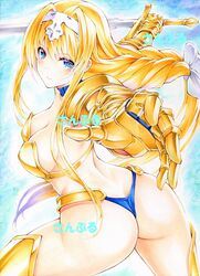  alice_zuberg armor armored_boots ass bikini_armor blonde_hair blue_panties blush boots bow braid braided_ponytail breasts closed_mouth commentary commentary_request cowboy_shot female foreshortening gold_armor gold_footwear hair_intakes hairband hairbow hip_armor holding holding_sword holding_weapon knight long_hair looking_at_viewer marker_(medium) medium_breasts osmanthus_blade panties shoulder_armor sidelocks smile solo sword sword_art_online sword_art_online:_alicization thighs thong traditional_media translated underwear unsheathed very_long_hair watermark weapon white_hairband yqgkg 