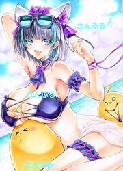  animal_band animal_ears aqua_eyes aqua_hair arm_garter armpits azur_lane bikini blush breast_rest breasts bridal_garter cheshire_(azur_lane) cheshire_(summery_date!)_(azur_lane) choker day eyewear_on_head fake_animal_ears female grey_hair huge_breasts looking_at_viewer manjuu_(azur_lane) marker_(medium) multicolored_hair official_alternate_costume outdoors purple_bikini purple_choker sarong smile strapless strapless_bikini streaked_hair sunglasses swimsuit tinted_eyewear traditional_media watermark yqgkg 