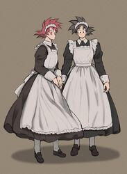  2boys alternate_costume apron back_bow black_dress black_eyes black_footwear black_hair bow collared_dress commentary crossdressing dragon_ball dragon_ball_z dress dual_persona enmaided frills full_body hano_(hanos91) highres juliet_sleeves long_sleeves maid maid_apron maid_day maid_headdress male_focus multiple_boys protected_link puffy_sleeves red_eyes red_hair shadow shoes short_hair simple_background sleeve_cuffs son_goku standing super_saiyan super_saiyan_god white_apron white_legwear 