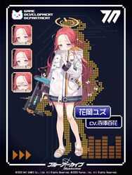  blue_archive blush commentary_request expressions female forehead full_body grenade_launcher halo highres jacket long_hair looking_at_viewer m320 nyan_cat official_art purple_eyes red_hair school_uniform slippers solo standing trigger_discipline weapon yutokamizu yuzu_(blue_archive) 