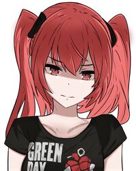  american_idiot collarbone female fire_emblem fire_emblem_awakening green_day group_name long_hair looking_at_viewer red_eyes red_hair severa_(fire_emblem) shaded_face shirt simple_background solo t-shirt tavi_(hosheezus) twintails upper_body white_background 