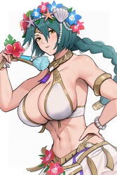  abs aqua_hair armlet bare_arms bare_shoulders bead_bracelet beads bikini blue_flower bracelet breasts cleavage commentary female fire_emblem fire_emblem_heroes flower folding_fan gonzarez hair_between_eyes hair_flower hair_ornament hand_fan hand_on_own_hip highres holding holding_fan jewelry large_breasts linea_alba long_braid long_hair looking_at_viewer navel official_alternate_costume parted_lips pink_flower sarong seashell shell shell_hair_ornament simple_background solo stomach swimsuit thorr_(fire_emblem) thorr_(summer)_(fire_emblem) upper_body white_background white_bikini yellow_eyes 