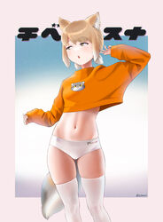  absurdres alternate_costume alternate_hairstyle animal_ear_fluff animal_ears arm_up ass_visible_through_thighs beleven border brown_hair crop_top cropped_sweater extra_ears female fox_ears fox_girl fox_tail highres kemono_friends light_brown_hair long_sleeves looking_to_the_side medium_hair midriff multicolored_hair navel no_pants orange_sweater outside_border paid_reward_available panties parted_bangs parted_lips short_twintails skindentation sleeves_past_wrists solo stomach sweater tail thighhighs tibetan_fox_(kemono_friends) twintails twitter_username two-tone_hair underwear white_border white_panties white_thighhighs yellow_eyes 