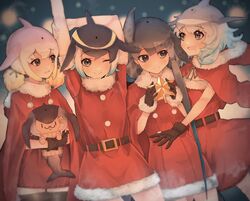  4girls anchor_hair_ornament bad_id bad_twitter_id black_gloves black_legwear blue_eyes blue_hair blue_whale_(kemono_friends) blush bow cape character_doll chinese_white_dolphin_(kemono_friends) christmas common_bottlenose_dolphin_(kemono_friends) common_dolphin_(kemono_friends) cowboy_shot dress fur_collar fur_trim glasses gloves grey_hair hair_ornament hairbow highres kemono_friends kuros_aki_na multicolored_hair multiple_girls narwhal_(kemono_friends) one_eye_closed orange_hair pink_hair red_cape red_dress santa_costume short_hair short_hair_with_long_locks short_twintails sidelocks stuffed_toy thighhighs twintails white_fur white_hair zettai_ryouiki 