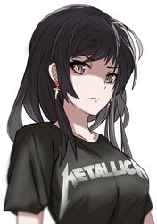  band_shirt black_eyes black_hair breasts cross earrings female fire_emblem fire_emblem:_thracia_776 frown grey_eyes group_name heavy_metal jewelry large_breasts looking_at_viewer mareeta_(fire_emblem) merchandise metallica shaded_face shirt simple_background solo t-shirt tavi_(hosheezus) upper_body white_background 