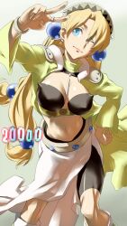  atelier_(series) atelier_marie baariya between_breasts blonde_hair blue_eyes breasts cleavage crop_top female large_breasts marie_(atelier) midriff milestone_celebration navel solo v 