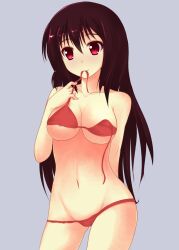  bad_id bad_pixiv_id bikini bikini_in_mouth blush breasts brown_hair cameltoe clothes_in_mouth female highres long_hair matsumi_kuro medium_breasts mouth_hold nagamon_(nagamonian) navel photoshop_(medium) red_bikini red_eyes saki_(manga) saki_achiga-hen solo swimsuit underboob 