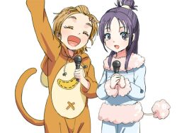  2girls animal_costume azuma_yukihiko bad_id bad_pixiv_id banana blonde_hair closed_eyes commentary_request food fruit futari_wa_precure_splash_star half_updo hyuuga_saki long_hair microphone mishou_mai monkey_tail multiple_girls precure purple_eyes purple_hair short_hair simple_background smile tail very_short_hair 