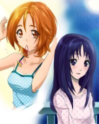  2girls bad_id bad_pixiv_id blush breasts brown_eyes brown_hair cleavage futari_wa_precure_splash_star galibo hair_down hyuuga_saki imagining light_smile long_hair medium_breasts mishou_mai moon mouth_hold multiple_girls night night_clothes pajamas precure purple_eyes purple_hair short_hair sky spaghetti_strap star_(sky) starry_sky very_short_hair 