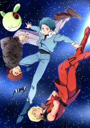  3boys amuro_ray blonde_hair blue_eyes blue_hair brown_eyes brown_hair char_aznable commentary_request floating gundam haro kamille_bidan male_focus military military_uniform multiple_boys quattro_bajeena r_(corolla) space sunglasses uniform upside-down zero_gravity zeta_gundam 