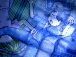  2girls animal_ears asphyxiation black_hair blonde_hair blue_theme closed_eyes commentary_request drooling from_above futon grey_hair lying messy_sleeper mouse_ears mouse_tail multicolored_hair multiple_girls navel nazrin on_back open_mouth pajamas pillow shirosato short_hair short_sleeves sleeping sprawled sweat tail tatami toramaru_shou touhou two-tone_hair window_shadow 