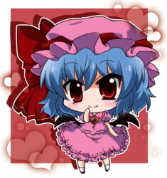  bad_id bad_pixiv_id blue_hair blush bow chibi female hat hat_bow heart jewelry noai_nioshi oerba_yun_fang puffy_sleeves red_eyes remilia_scarlet short_hair short_sleeves smile solo touhou 