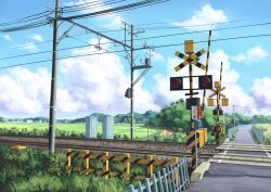  boom_barrier cloud commentary_request day eichisu fence grass no_humans original outdoors railroad_crossing railroad_tracks scenery sign sky 