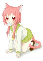  animal_ears animal_tail cat_ears cat_tail female highres mouth_hold original pacifier pink_hair red_eyes school_uniform socks solo tail white_background 