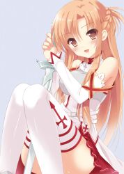  :d armor asuna_(sao) bad_id bad_pixiv_id bare_shoulders between_legs blush braid breastplate brown_eyes commentary_request cross cross_print detached_sleeves female holding holding_sword holding_weapon light_brown_hair long_hair looking_at_viewer open_mouth pan_(mimi) photoshop_(medium) simple_background sitting smile solo striped_clothes striped_thighhighs sword sword_art_online thighhighs very_long_hair weapon white_thighhighs 