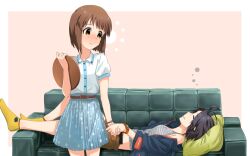  2girls black_hair blush bob_cut brown_eyes brown_hair commentary_request couch hagiwara_yukiho holding_hands idolmaster idolmaster_(classic) kikuchi_makoto multiple_girls pillow short_hair sleeping sleeves_pushed_up socks tokage_(seiga5989326) tray watch wristwatch yellow_legwear 