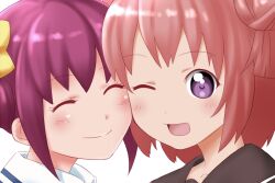  2girls ;d akaza_akari bad_id bad_pixiv_id blush crossover dress hair_bun hoshizora_miyuki multiple_girls nanamori_school_uniform needle_(needlebomb) one_eye_closed open_mouth pink_hair precure purple_eyes red_hair sailor_dress school_uniform season_connection serafuku single_hair_bun smile smile_precure yuru_yuri 