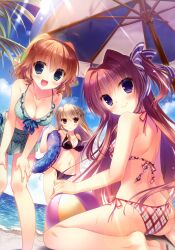  3girls :d absurdres aqua_eyes ass azuse_matsuri ball bare_shoulders barefoot beach beach_umbrella beachball bent_over bikini bikini_skirt black_bikini blue_sky bow breasts brown_hair cleavage cloud day feet frilled_bikini frills front-tie_top hair_intakes hair_ornament hairbow hairclip hands_on_own_knees highres innertube kimi_e_okuru_sora_no_hana lens_flare light_rays long_hair looking_at_viewer looking_back medium_breasts multiple_girls nasuhara_hinagiku navel nishizono_kanna one_side_up open_mouth outdoors parasol photoshop_(medium) plaid plaid_bikini polka_dot polka_dot_bikini polka_dot_swimsuit purple_eyes short_hair side-tie_bikini_bottom sitting sky smile string_bikini sunbeam sunlight sweat swim_ring swimsuit umbrella wariza yukie_(peach_candy) 