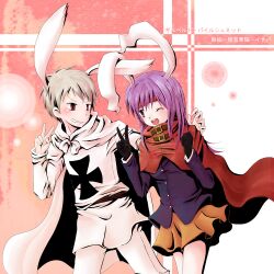  1boy adapted_costume advent_cirno animal_ears axis_powers_hetalia cape commentary_request cross female gloves grey_hair headband htdear iron_cross long_hair long_sleeves one_eye_closed open_mouth prussia_(hetalia) purple_hair rabbit_ears red_eyes reisen_udongein_inaba touhou v 