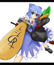  adapted_costume advent_cirno blue_eyes blue_hair bow cirno commentary_request dagger dual_wielding female gloves hairbow holding knife kochiya_hizuki letterboxed long_sleeves short_hair short_sleeves solo sword touhou weapon white_background 