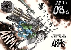  ammunition_belt backpack bag bayonet blue_hair blush bullet chainsaw commentary_request cross-laced_footwear female gatling_gun grenade_launcher gun hair_bobbles hair_ornament hat i-la kawashiro_nitori key knife long_hair long_sleeves m134_minigun m203 minigun rocket_launcher rotary_cannon solo tongue touhou two_side_up underbarrel_grenade_launcher weapon 