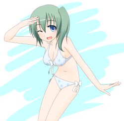  bad_id bad_pixiv_id bare_legs bare_shoulders bikini blue_eyes bow bow_bikini breasts cleavage collarbone daiyousei edamame_(barium) female front-tie_top green_hair highres looking_at_viewer medium_breasts navel no_wings one_eye_closed open_mouth polka_dot polka_dot_bikini side-tie_bikini_bottom side_ponytail smile solo swimsuit touhou 