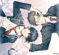  2boys ao_no_exorcist bad_id bad_pixiv_id black_hair blue_eyes brothers brown_hair glasses japants male_focus multiple_boys necktie okumura_rin okumura_yukio photoshop_(medium) pointy_ears rotational_symmetry school_uniform siblings striped striped_necktie 