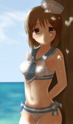  bikini brown_eyes brown_hair commentary_request dixie_cup_hat female ginnote hagiwara_yukiho hat idolmaster idolmaster_(classic) looking_at_viewer midriff military_hat navel sailor_bikini sailor_collar sailor_hat sailor_swimsuit_(idolmaster) short_hair smile solo swimsuit 