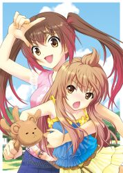  2girls :&lt; :3 :d ahoge brown_eyes brown_hair carrying chestnut_mouth commentary_request cover cover_page doujin_cover hands long_hair looking_at_viewer minami-ke minami_chiaki minami_kana multiple_girls open_mouth photoshop_(medium) siblings sisters smile stuffed_animal stuffed_toy teddy_bear twintails v-shaped_eyebrows zless 