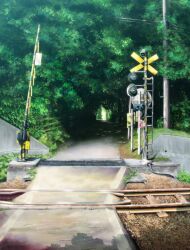  absurdres boom_barrier commentary_request highres no_humans original outdoors photo-referenced photoshop_(medium) railroad_crossing railroad_tracks scenery sign tigaa_(ixaga) tree 