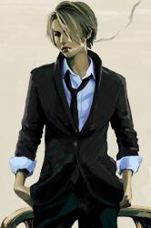  1boy blonde_hair blue_shirt cigarette formal hair_over_one_eye hands_in_pockets looking_at_viewer male male_focus necktie one_piece sanji shirt smoking solo suit 