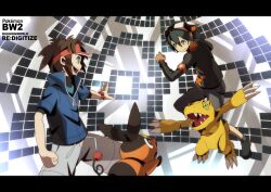  2boys agumon bad_id bad_pixiv_id blue_eyes blue_hair brown_hair crossover digimon digimon_(creature) digimon_world_re:digitize goggles hajime_(hajime-ill-1st) letterboxed male_focus multiple_boys nate_(pokemon) pokemon pokemon_(creature) pokemon_bw2 sweater taiga_(digimon) tepig visor_cap watch wristwatch 